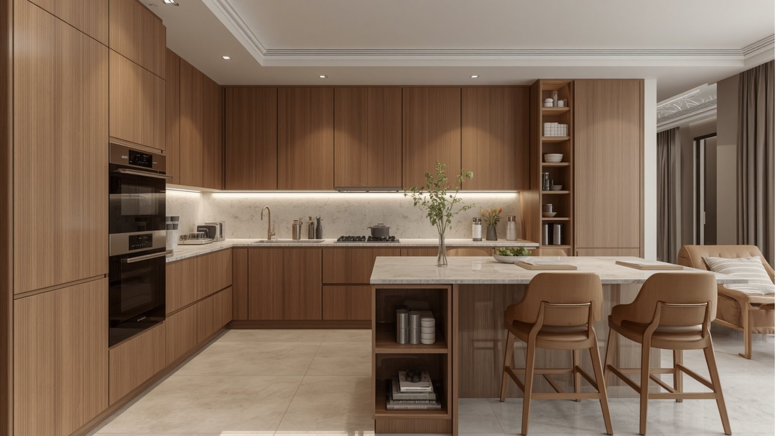 Premium modular kitchen design with elegant cabinetry, quartz countertops, built-in appliances, and sophisticated lighting