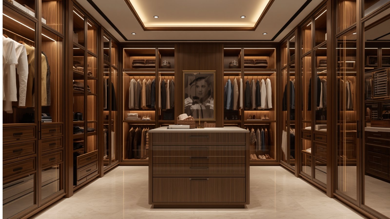 Premium walk-in wardrobe design with customized storage, glass doors, LED lighting, drawers, shelves, and hanging sections