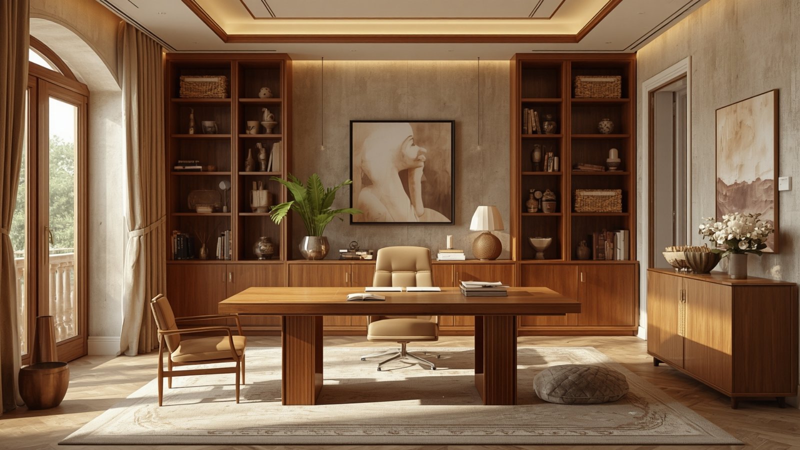 Refined home office design with elegant furniture, custom storage, warm lighting, and sophisticated décor