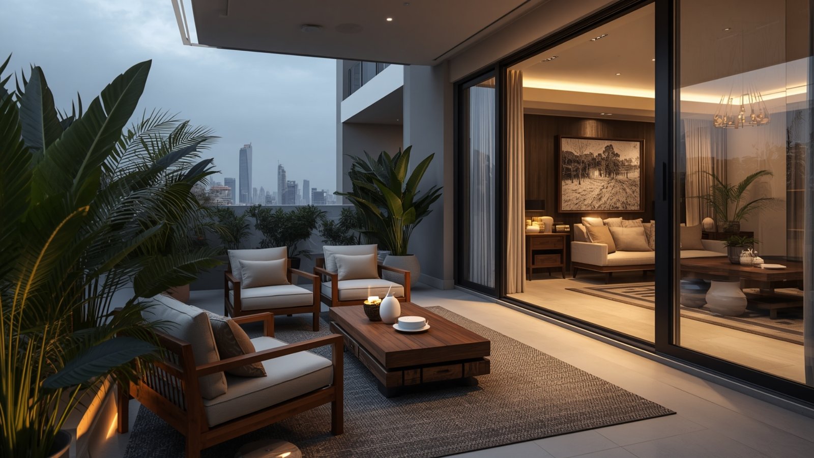 Relaxing balcony design with comfortable outdoor seating, indoor plants, warm lighting, and stylish décor