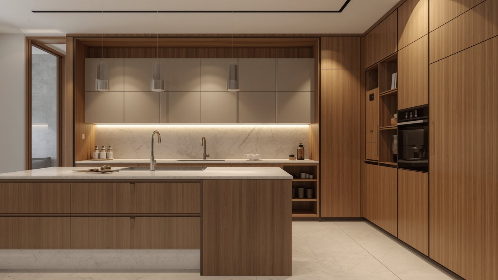 Sleek handleless kitchen design with modern cabinets, clean lines, integrated storage, and minimalist finishes