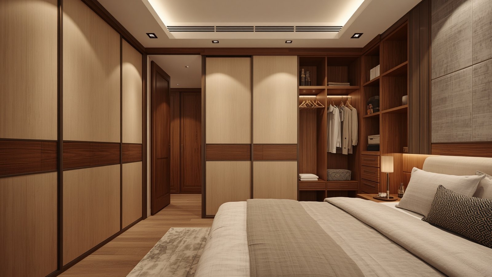 Sliding wardrobe design for a modern bedroom with space-saving storage, sleek doors, and customized interiors