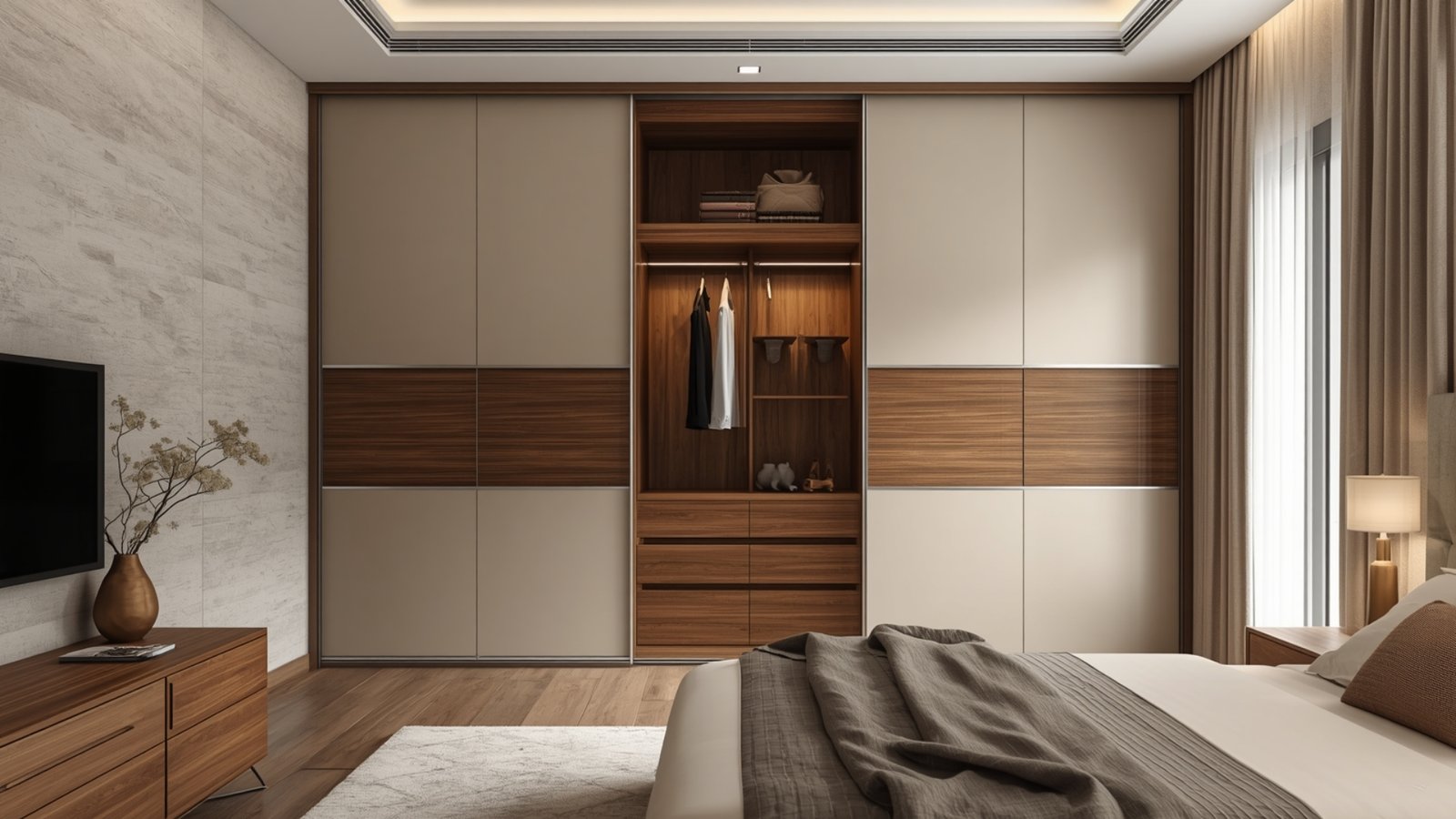 Sliding wardrobe doors for a modern bedroom providing space-saving storage and a sleek contemporary look