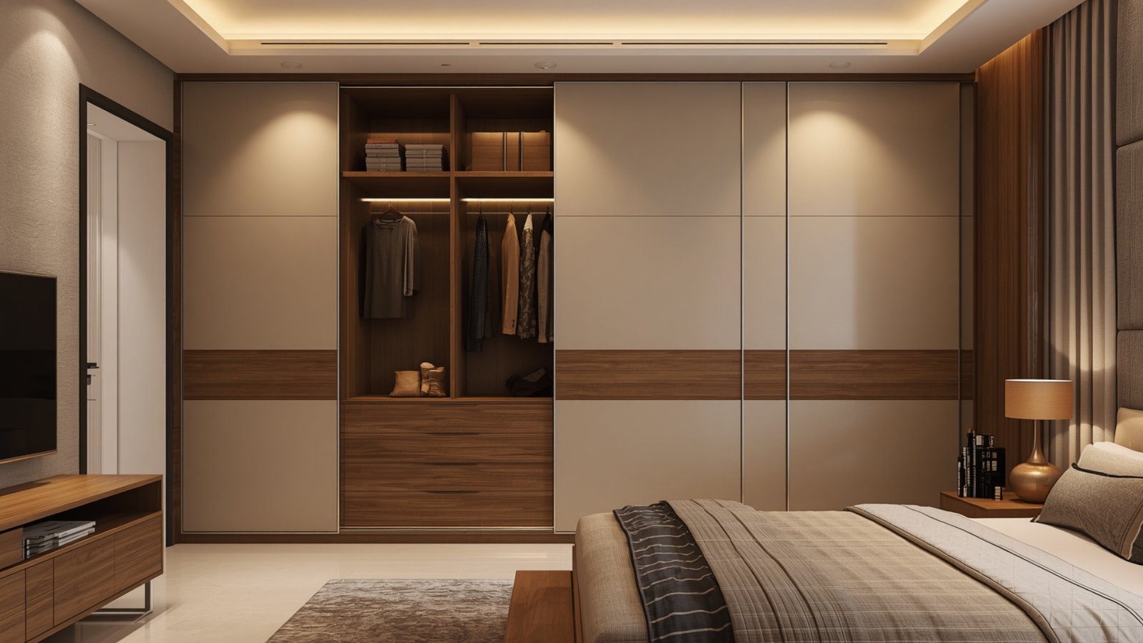 Sliding wardrobe shutters for a modern bedroom with sleek panels, smart storage, and space-saving design