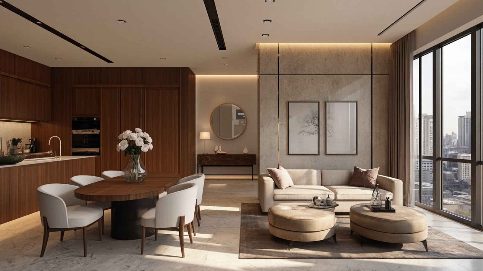 Small 1BHK interior design with space-saving furniture, smart storage, light colours, mirrors, and an open layout