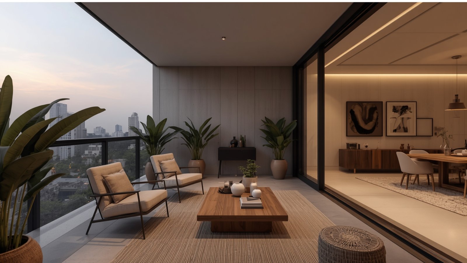 Small balcony relaxation area featuring compact furniture, potted plants, outdoor cushions, and warm ambient lighting
