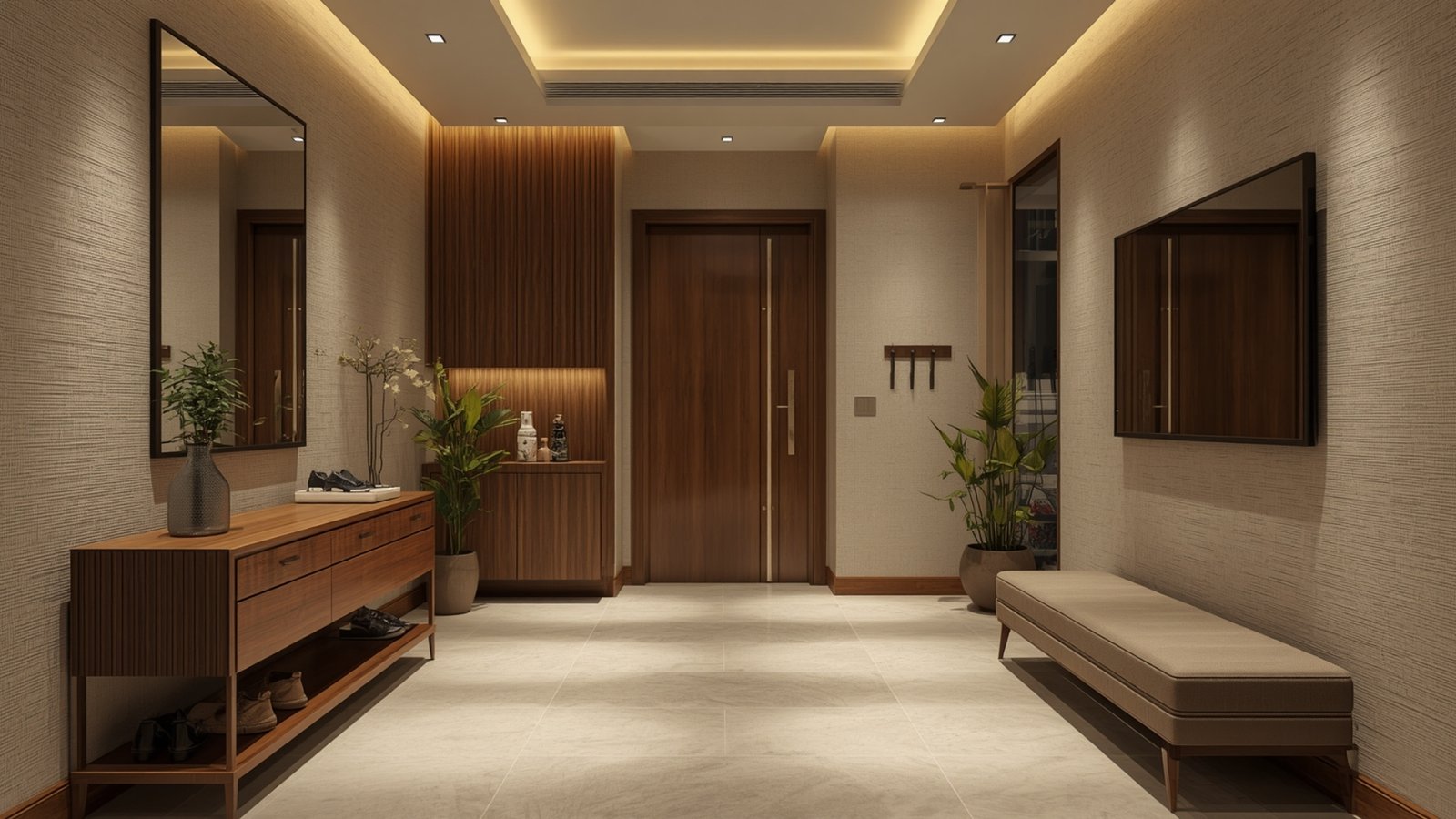 Smart entrance design for a modern home with a digital door lock, smart lighting, storage, and stylish décor