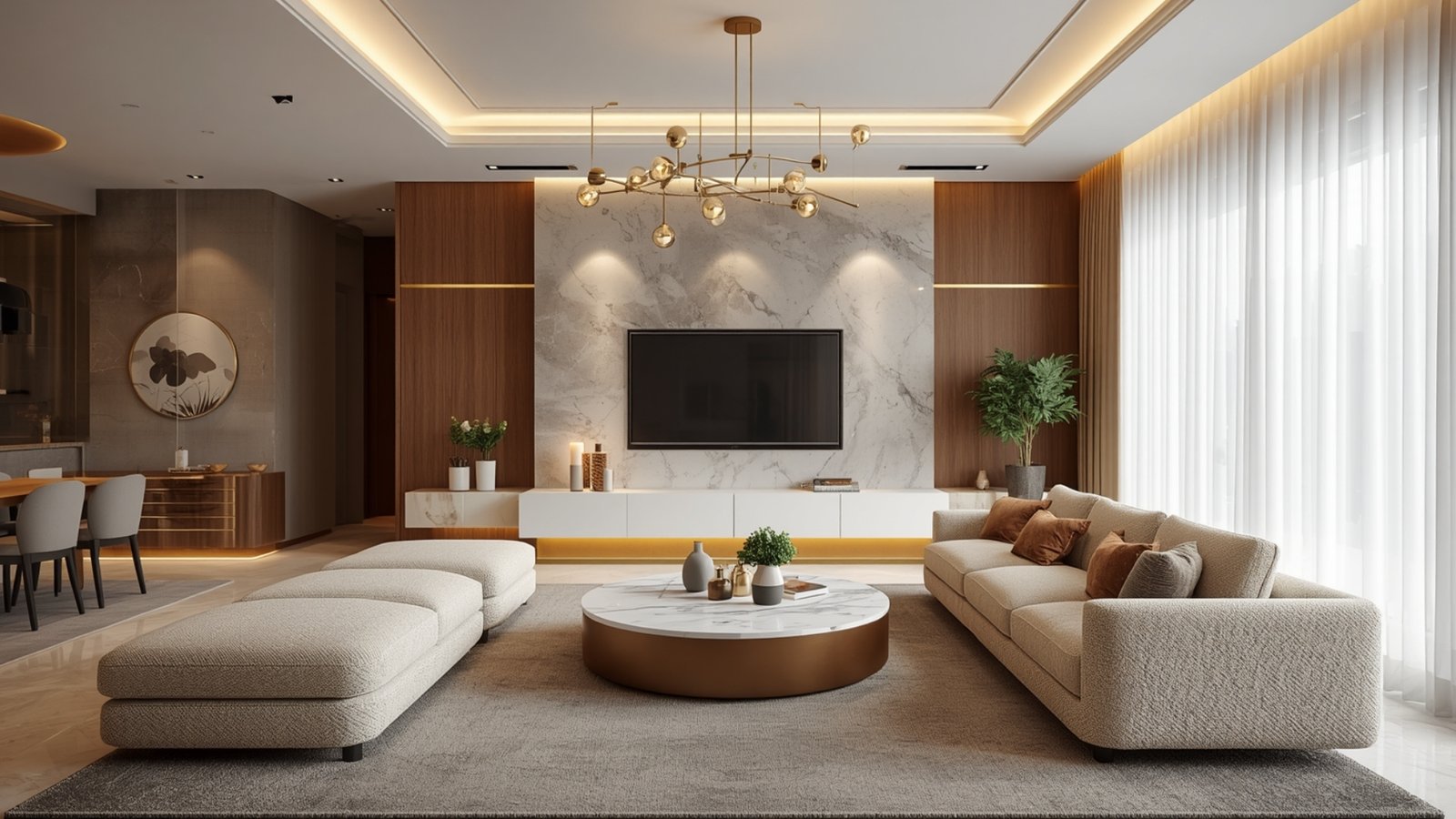 Sophisticated luxury living room with premium furniture, elegant lighting, natural stone, textured walls, and refined décor