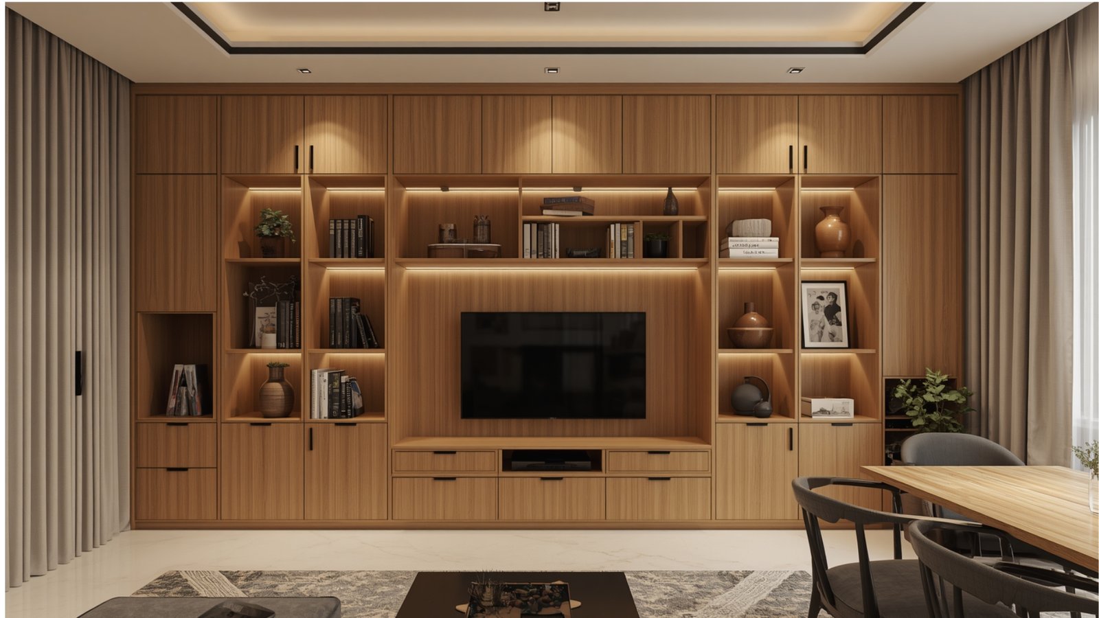 Space-saving TV unit design for a modern living room with wall-mounted storage, sleek cabinets, and functional décor