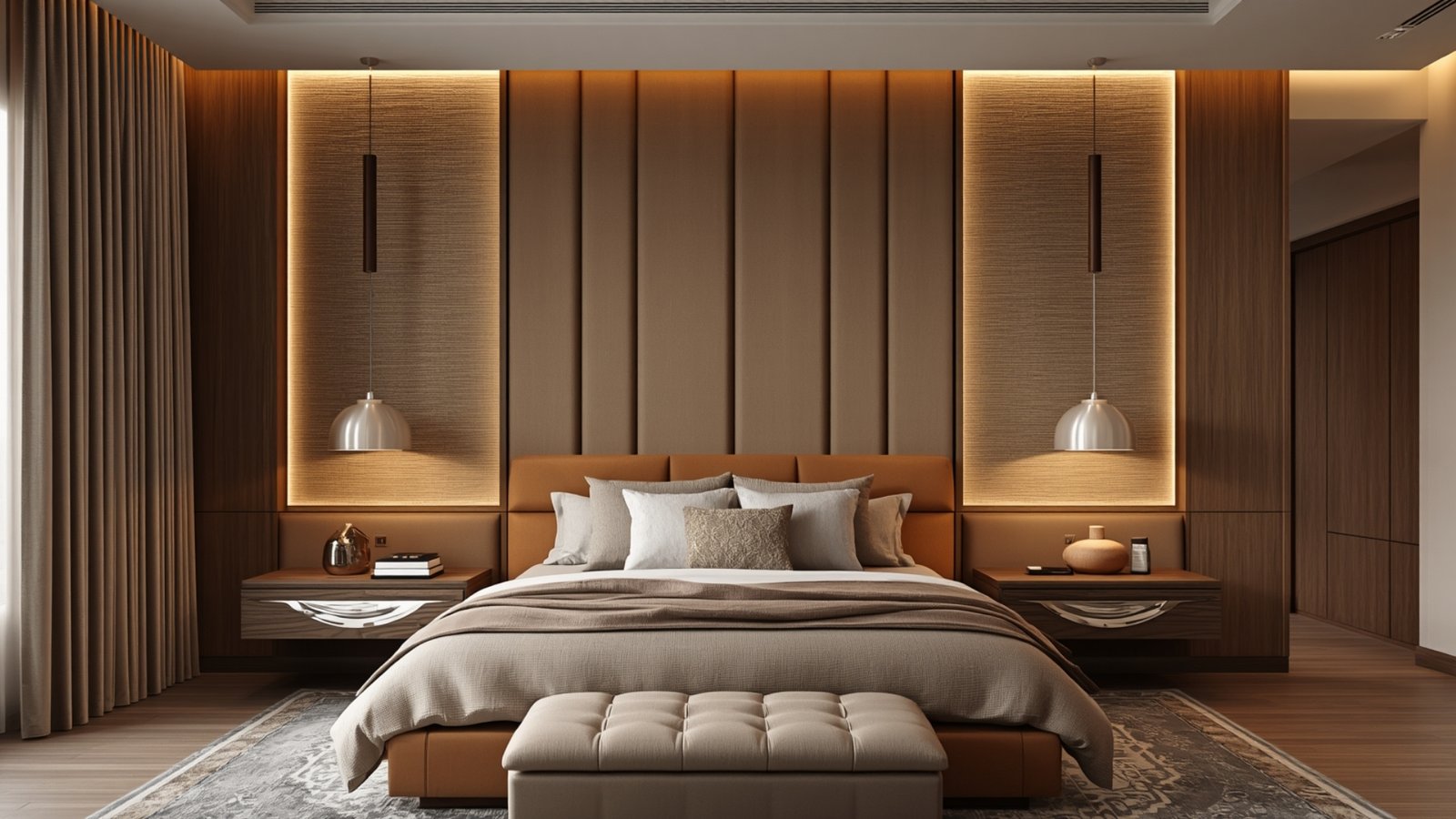 Statement headboard design for a luxury master bedroom with upholstered panels, elegant lighting, and sophisticated décor