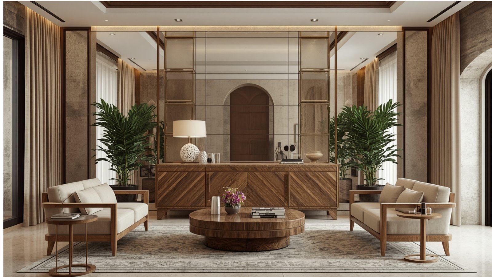 Strategic mirror placement in a luxury apartment to make the living space look brighter, larger, and more elegant