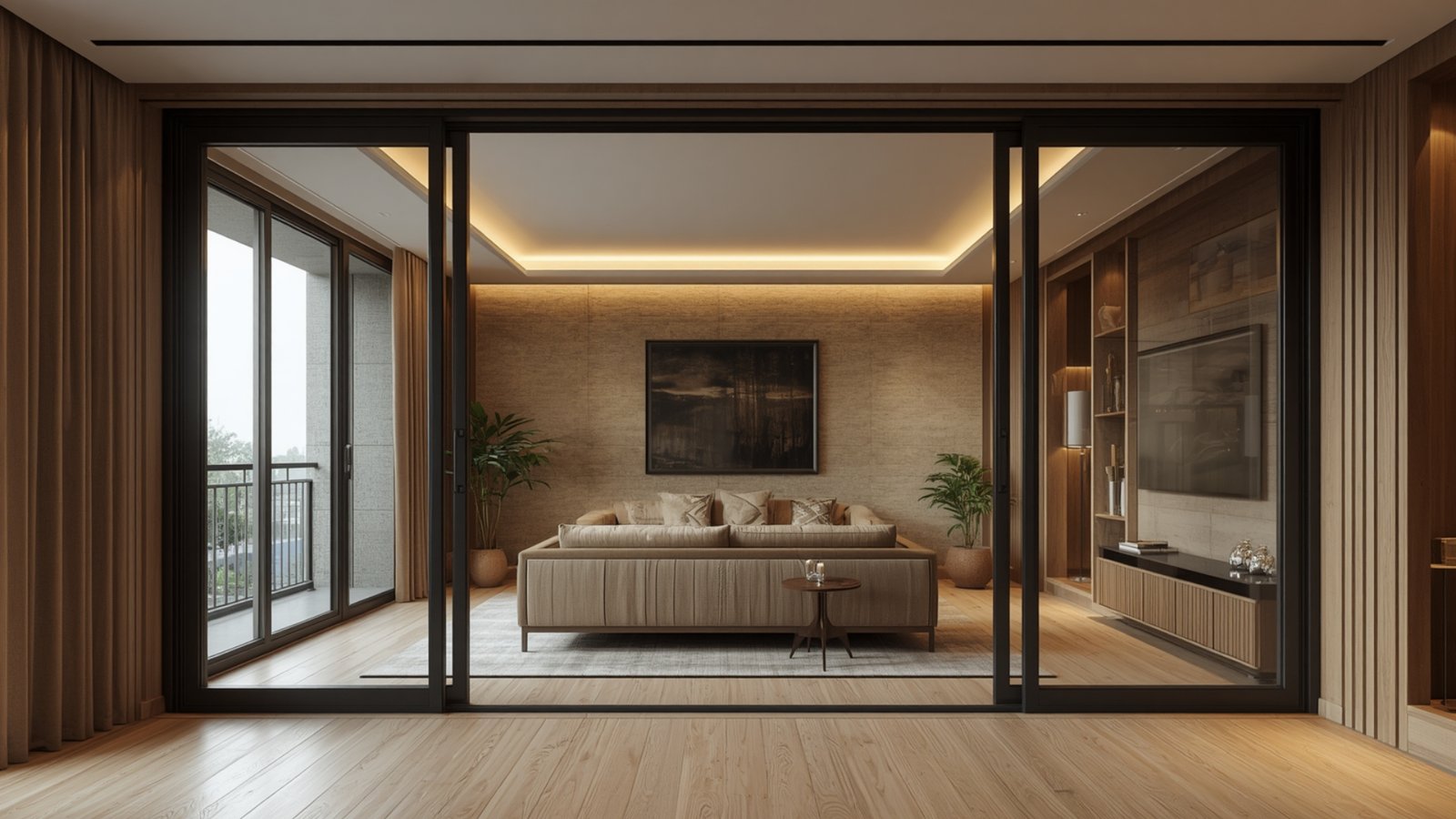 Small apartment interior with strategically placed mirrors that reflect light and create the illusion of more space