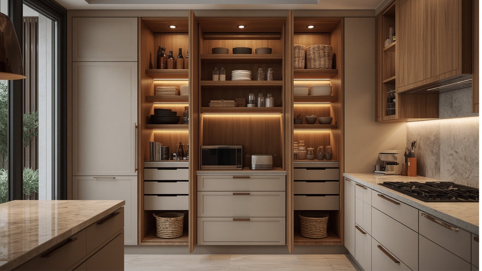 Tall pantry cabinet in a modern modular kitchen providing vertical storage for groceries, kitchen appliances, and cooking essentials