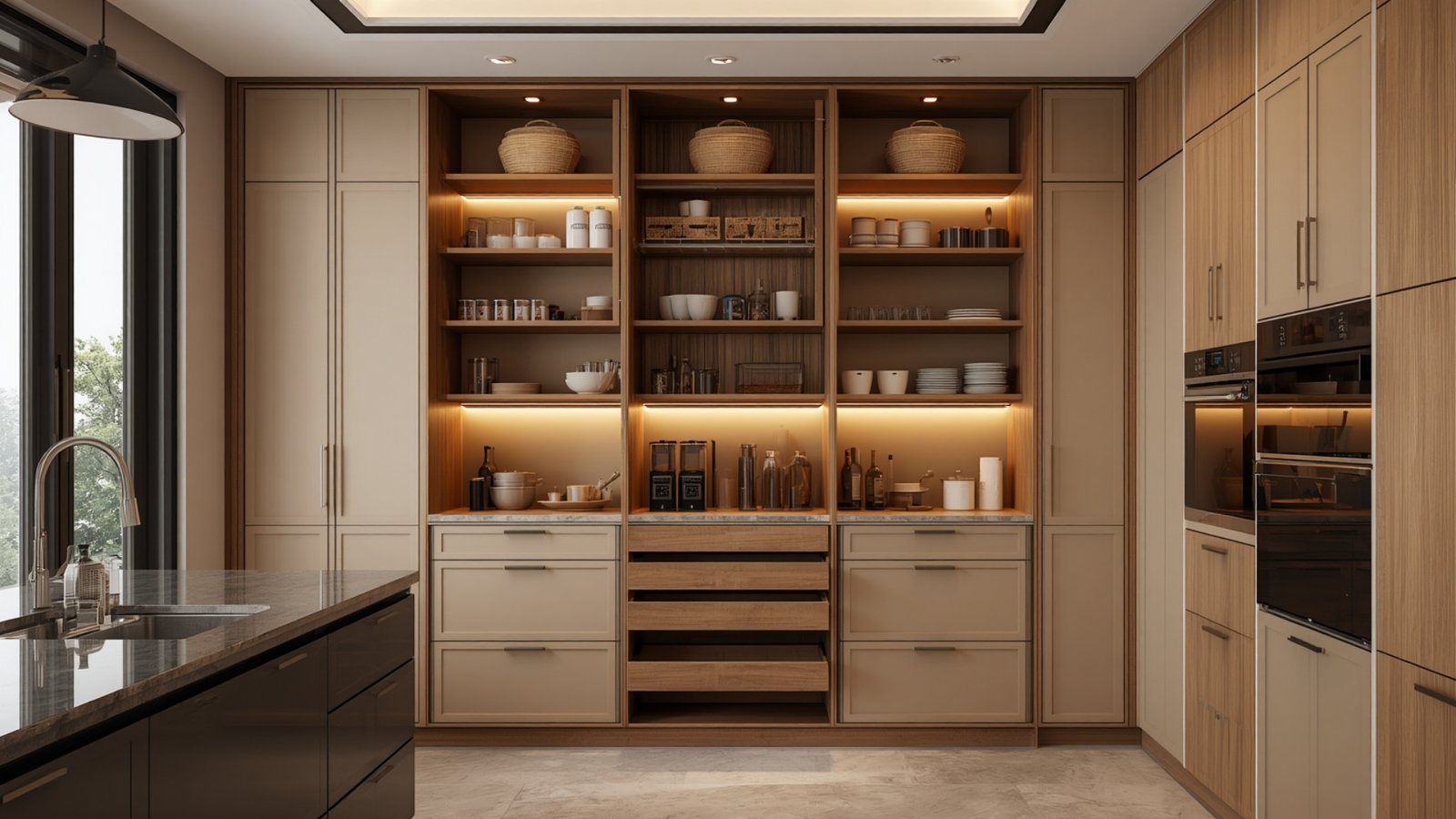 Modern modular kitchen with a tall pantry unit featuring organized shelves, pull-out storage, and space-saving kitchen design