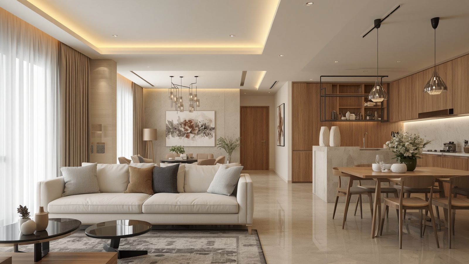 Modern Indian bedroom with a warm neutral colour palette featuring beige walls, cream bedding, natural wood, and soft lighting