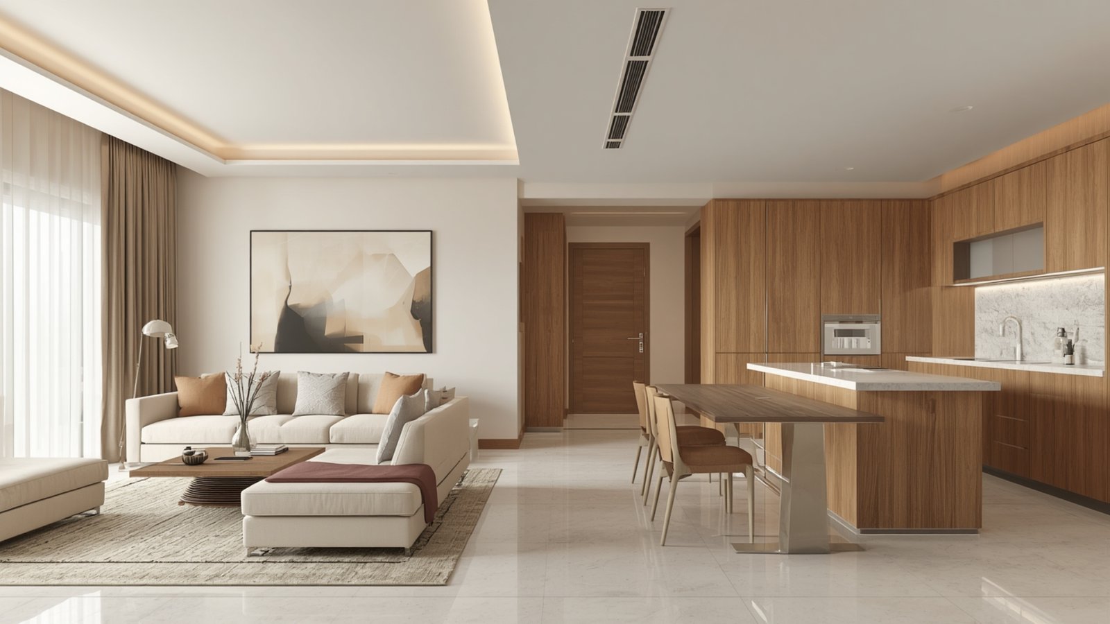 Warm neutral colour scheme for a modern bedroom using beige, cream, taupe, natural wood, and soft textured fabrics