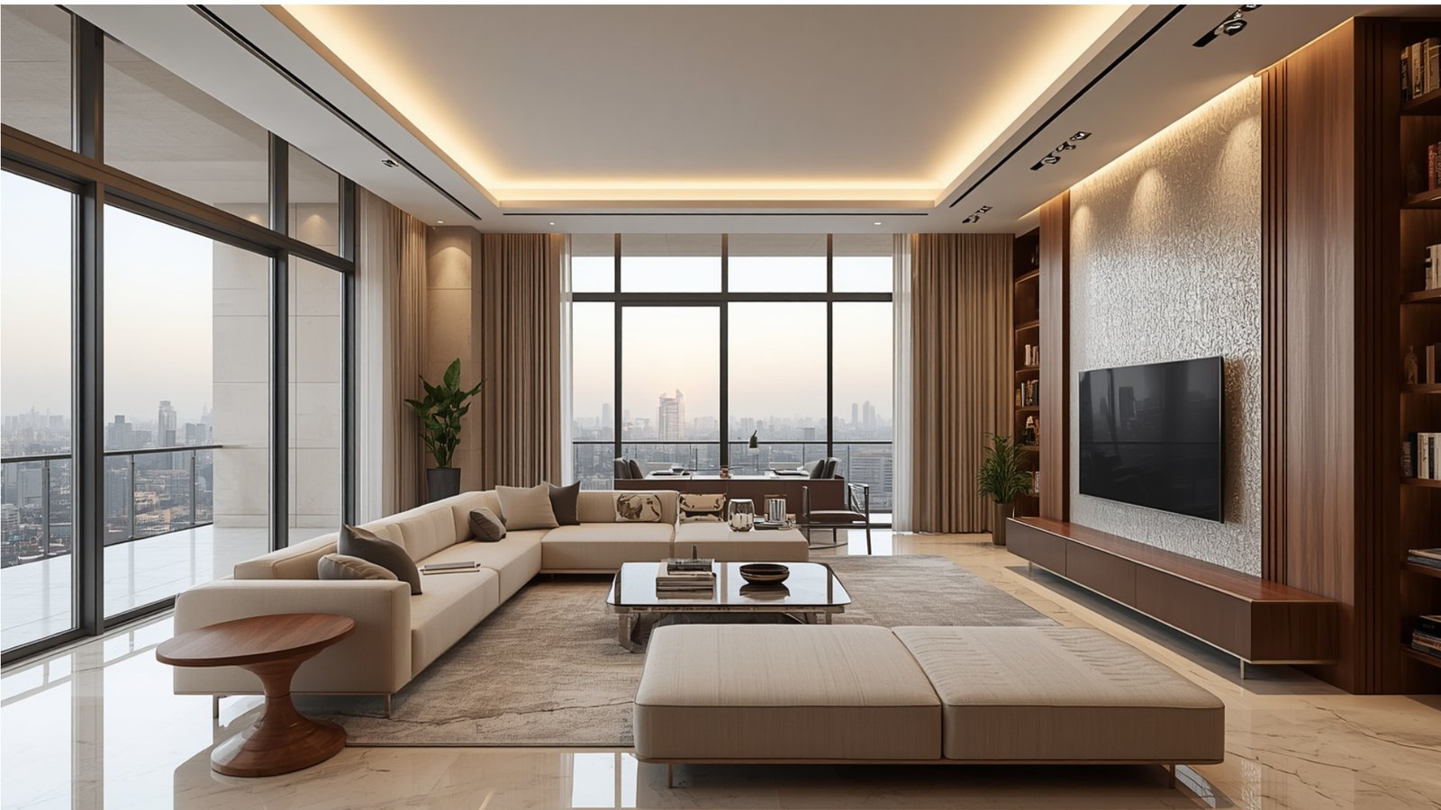 Modern luxury home interior featuring premium materials, bespoke furniture, elegant lighting, and sophisticated décor