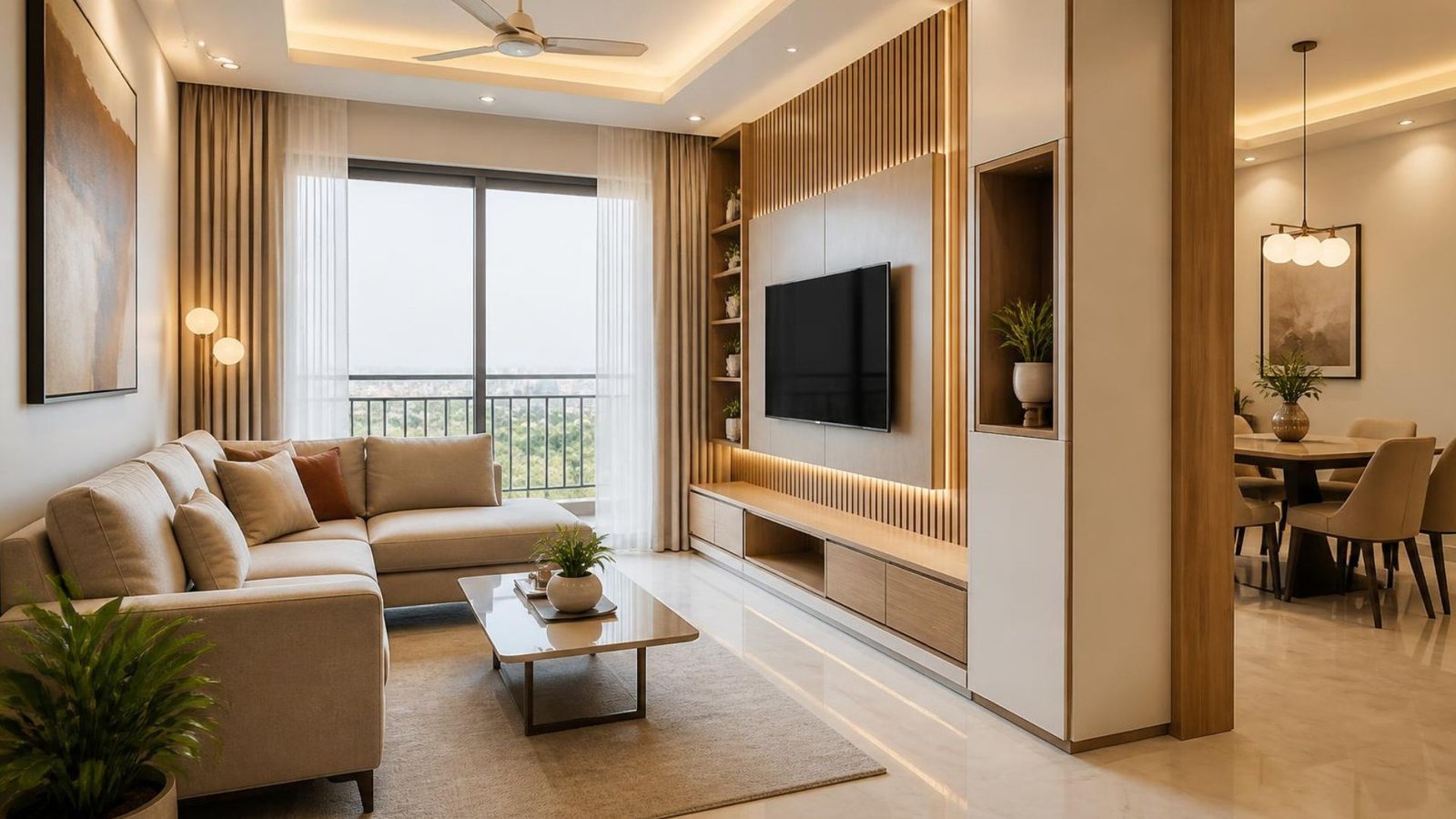 Modern Indian apartment interior with professional space planning and customized furniture.