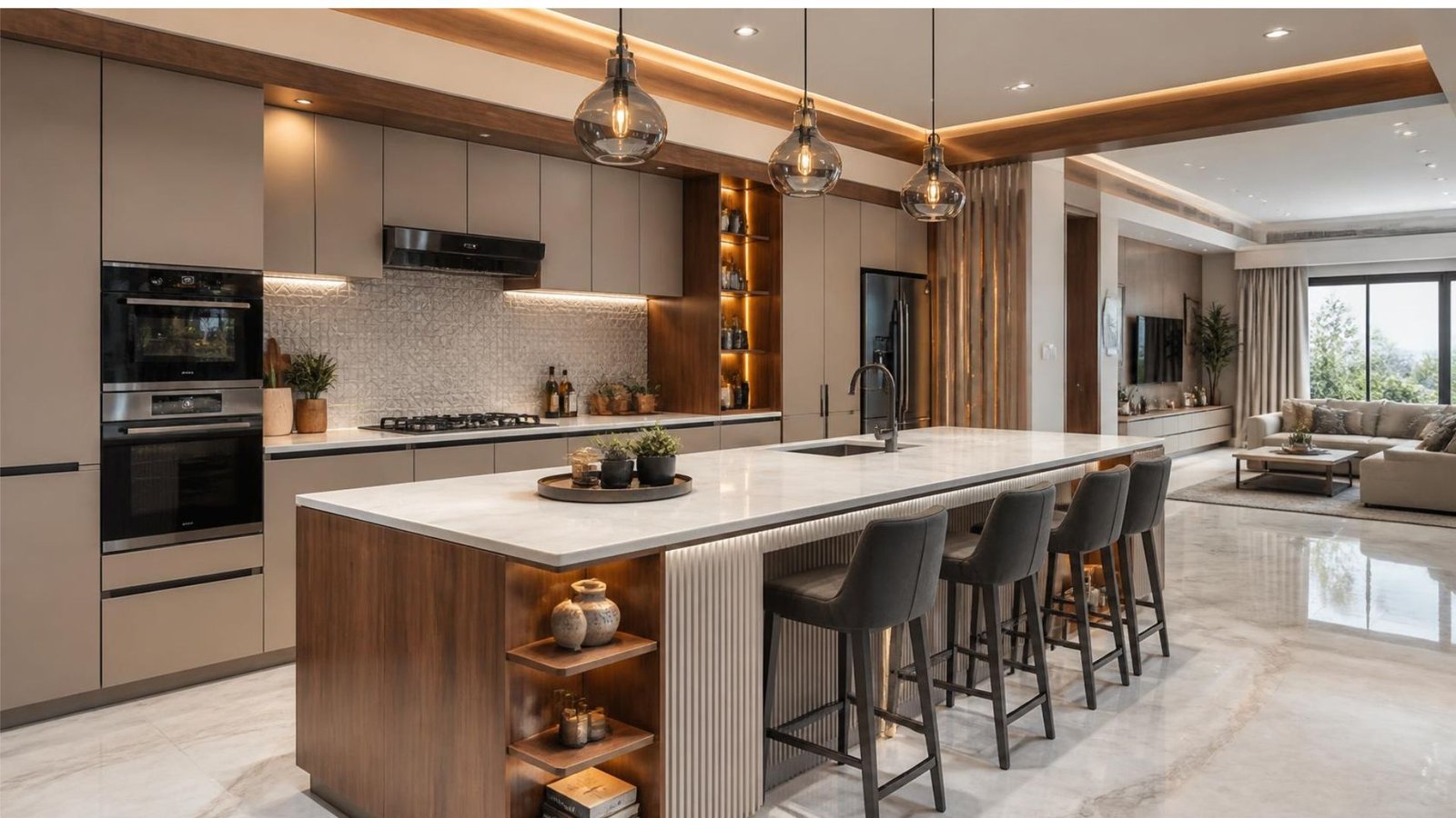 Modern modular kitchen design ideas for homes in Ranchi featuring stylish cabinets, a quartz countertop, and warm lighting.